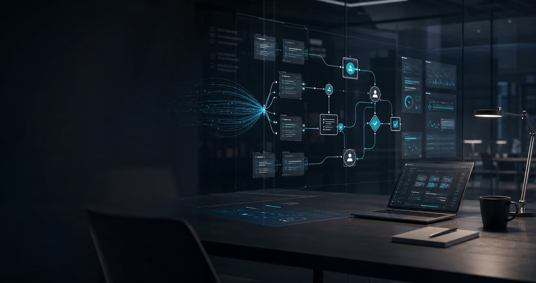 Abstrakte Visualisierung von Process Mining, Datenflüssen und KI-gestützter Workflow-Automatisierung